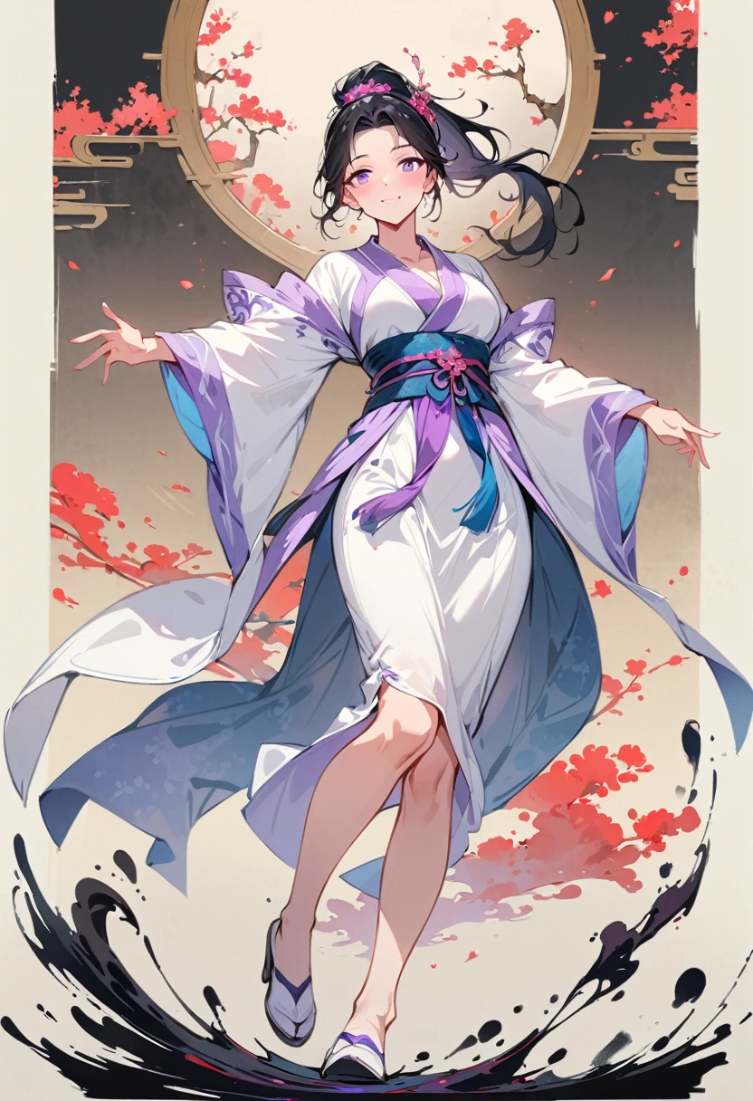 (masterpiece, best quality:1.2), 1 woman, Hanfu, （Dress conservatively：1.3）, (delicate and beautiful face:1.8), mature, laugh, black hair, hairpin, purple eyes, beautiful bridge, (ink stain) beautiful portrait, clothing ink style, traditional china painting, ink bismuth, from below, masterpiece, high details, ponytail, full body