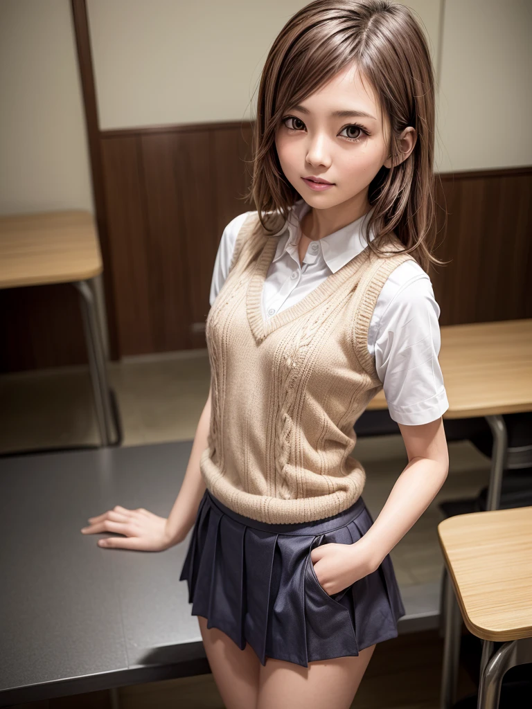 Masterpiece, Top Quality, Top Mikoto, brown eyes, short hair, small breasts, looking at viewer, alone, closed mouth, collared shirt, beige knit vest, dark blue  Skirt, school_uniform, shirt, white_shirt, classroom,Masterpiece, highest quality, 8K, detailed skin texture, fine cloth texture, beautiful detailed face, intricate details, super detailed,cute,cute posing,composition that shows the whole body,