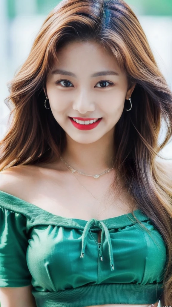 a woman with long hair wearing a green top and red lipstick, tzuyu from twice, lalisa manobal, beautiful and smiling, gorgeous young korean woman, twice, roseanne park of blackpink, portrait of female korean idol, beautiful south korean woman, jaeyeon nam, beautiful young korean woman, inspired by Kim Jeong-hui, pokimane