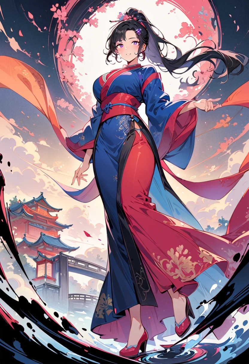 (masterpiece, best quality:1.2), 1 woman, Hanfu, (Dress conservatively:1.3), (delicate and beautiful face:1.8), mature, laugh, black hair, hairpin, purple eyes, beautiful bridge, (ink stain) beautiful portrait, clothing ink style, traditional china painting, ink bismuth, from below, masterpiece, high details, ponytail, full body