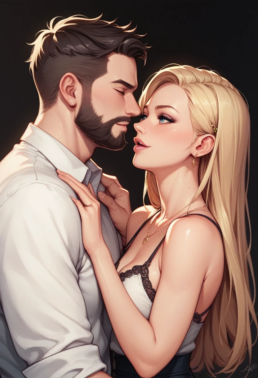 Boy with short dark hair and beard with a girl with long blonde hair