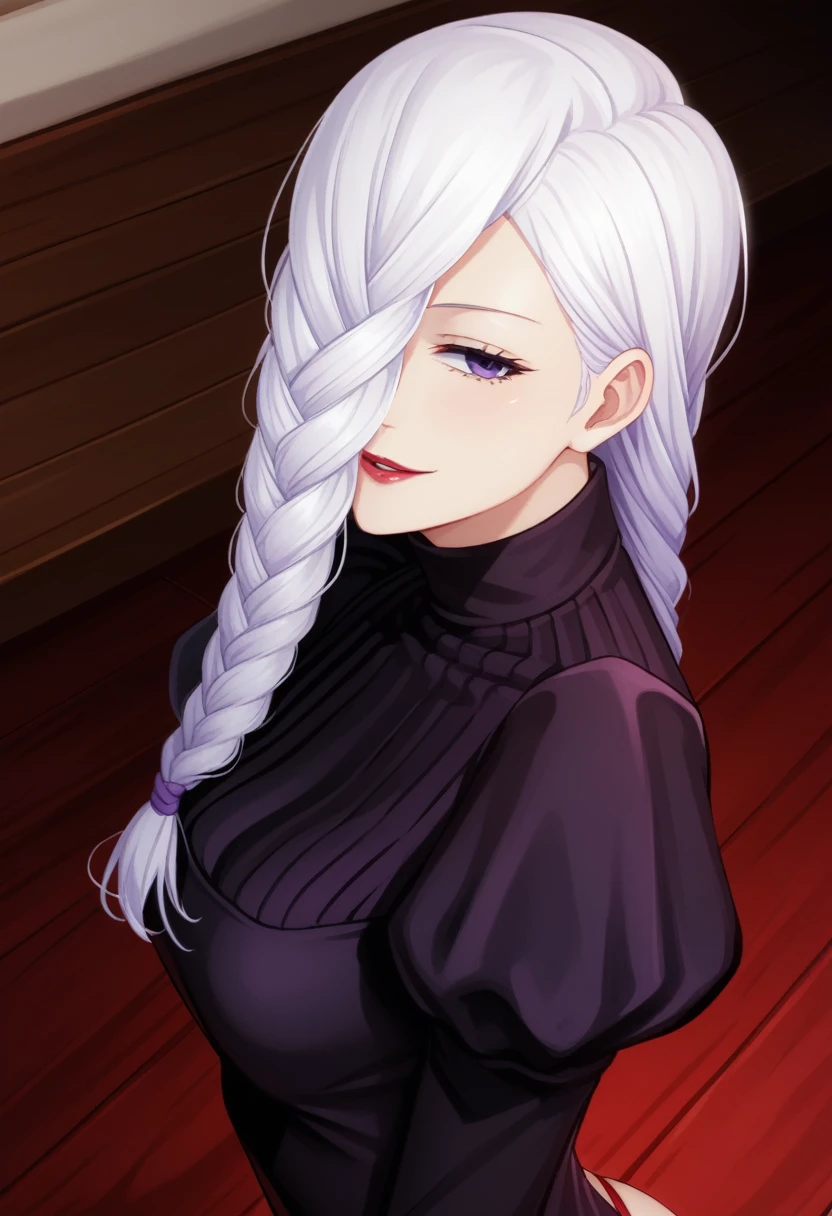 score_9_up, score_8_up, score_7_up, 1girl, solo, mature female, mei mei, looking at viewer, white hair, braid, hair over one eye, half closed eye, braided ponytail, braided bangs, purple eye, red lips, parted lips, naughty smile, long sleeves, dress, puffy sleeves, black dress, juliet sleeves, turtleneck dress,((yacht cabin)), night time, standing tall in seductive pose, (((pulling up her dress))), showing red thong under her dress(((dress up))), (((from bottom)))(((red thong under her dress)))