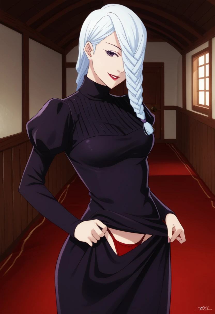 score_9_up, score_8_up, score_7_up, 1girl, solo, mature female, mei mei, looking at viewer, white hair, braid, hair over one eye, half closed eye, braided ponytail, braided bangs, purple eye, red lips, parted lips, naughty smile, long sleeves, dress, puffy sleeves, black dress, juliet sleeves, turtleneck dress,((yacht cabin)), night time, standing tall in seductive pose, (((pulling up her dress))), showing red thong under her dress(((dress up))), (((from bottom)))(((red thong under her dress)))