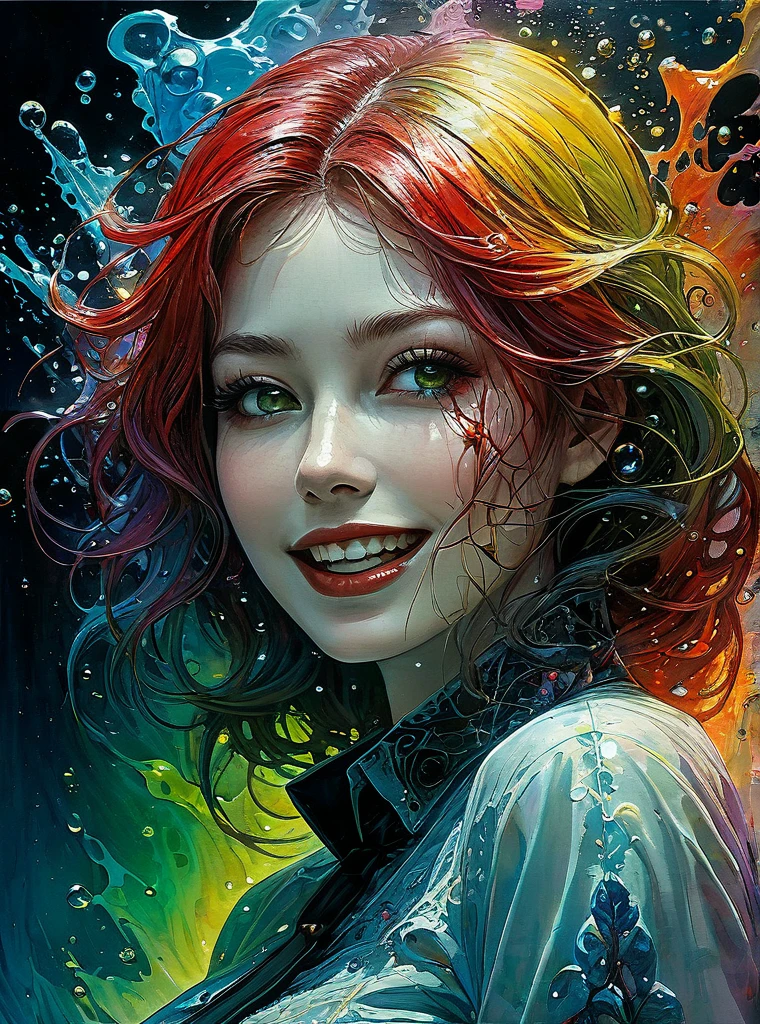 a Girl, laughing, Colorful colors, surrounded by water bubbles, in the style of Kawacy, Masterpiece, Oil painting drawn in anime style, head close - up, exaggerated perspective, Tyndall effect, water drops, mother - of - pearl iridescence, Holographic white, chess queen outfit, anime girl, girl with a pretty face, white gold hair, green eyes, goth girl, ((sexy school uniform)), wearing a stylish very sexy , with a funny expression on her face, Hellwalker, incombing death, black bloody veins growing and intertwining out of the darkness, oozing thick yellow blood, veins growing and pumping blood, (chubby female body:0.8), vascular networks growing, connecting, explanding, red veins everywhere, zdzislaw beksinski, (sharp colors:1.3), (rainbow skin:1.1), (Infrared:1.2), ultra detailed, intricate, ((dry brush, ultra sharp)), (surrealism:1.4), (disturbing:1.5), beksinski style painting, satanic symbols, (full torso), full body in frame, centered body, kawaii, realistic, ((intricate details)), (pale gothic evil queen), ibrant, action-packed, detailed character design, reminiscent of fighting video games, black bloody veins growing and intertwining out of the darkness, oozing thick neon rainbow blood, veins growing and pumping blood, vascular networks growing, connecting, explanding, red veins everywhere, zdzislaw beksinski, (vibrant colors:1.1), dynamic pose, perfect face, (realistic eyes), perfect eyes, ((dark gothic background)), sharp focus