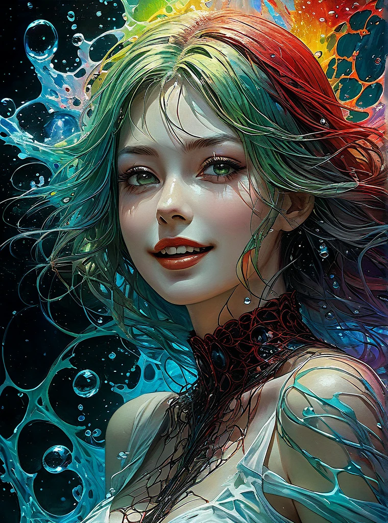 a Girl, laughing, Colorful colors, surrounded by water bubbles, in the style of Kawacy, Masterpiece, Oil painting drawn in anime style, head close - up, exaggerated perspective, Tyndall effect, water drops, mother - of - pearl iridescence, Holographic white, chess queen outfit, anime girl, girl with a pretty face, white gold hair, green eyes, goth girl, ((sexy school uniform)), wearing a stylish very sexy , with a funny expression on her face, Hellwalker, incombing death, black bloody veins growing and intertwining out of the darkness, oozing thick yellow blood, veins growing and pumping blood, (chubby female body:0.8), vascular networks growing, connecting, explanding, red veins everywhere, zdzislaw beksinski, (sharp colors:1.3), (rainbow skin:1.1), (Infrared:1.2), ultra detailed, intricate, ((dry brush, ultra sharp)), (surrealism:1.4), (disturbing:1.5), beksinski style painting, satanic symbols, (full torso), full body in frame, centered body, kawaii, realistic, ((intricate details)), (pale gothic evil queen), ibrant, action-packed, detailed character design, reminiscent of fighting video games, black bloody veins growing and intertwining out of the darkness, oozing thick neon rainbow blood, veins growing and pumping blood, vascular networks growing, connecting, explanding, red veins everywhere, zdzislaw beksinski, (vibrant colors:1.1), dynamic pose, perfect face, (realistic eyes), perfect eyes, ((dark gothic background)), sharp focus