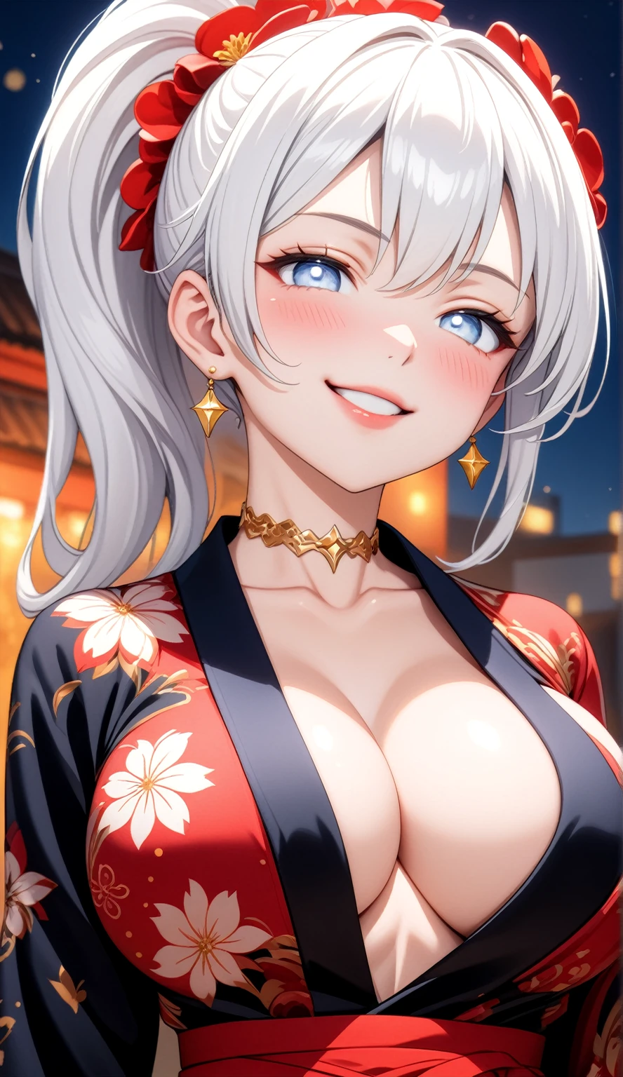 ((One personの女性)), Beautiful Face, (Laughing embarrassedly), (laugh:1.2),((Wink:1.9)), (head tilt:1.3), Laugh with your mouth wide open, upper teeth, looking down at viewer, ((Bright red cheeks:1.4)),Glossy Red Lips,rooftop, firework, Glossy red lips, Shining Face, ((Anime style background)),masterpiece, Highest quality, so beautiful,up to date, Complex details, (Pink long nails),(ring),(bracelet),(Floral choker),AI-generated, Complex,High resolution, Highest quality, super high quality,3D Images、3D Images,One person,Long white hair,High Ponytail, Anime woman posing for a photo,(blue eyes), ((Fine grain、Silvery white, lightly pigmented eyes、Shining Eyes:1.4)), (Squint your eyes:1.1),a hyperRealistic , hyperRealistic , Realistic,Anime woman with long white hair, Smooth anime CG art, A woman in a colorful kimono with gold embroidery, (Black long sleeve kimono),Red floral pattern,Long flower hair ornament,Earrings,Mature Body,(Big Breasts:1.1),Tall,Abdominal muscles,Tight waist,(Zoom up to face:1.5), (front view),