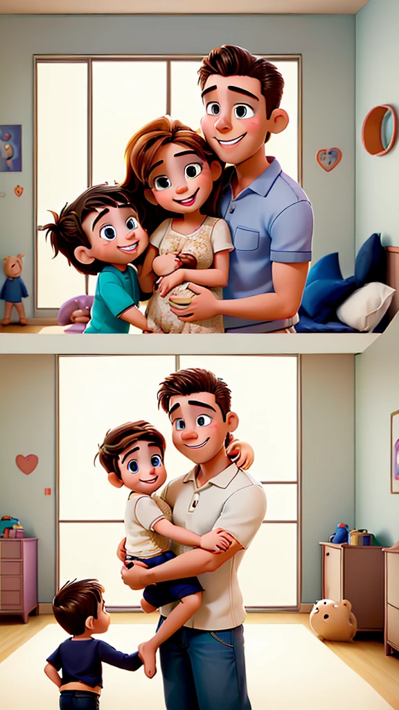 Happy family with a beautiful mommy, a handsome daddy, and 2 cute kids (boys) hugging each other inside the bedroom