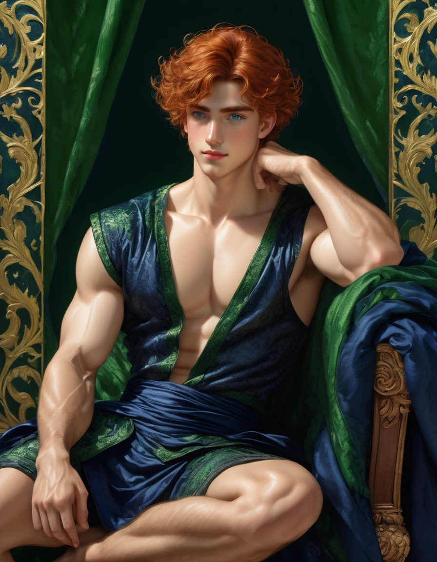 ((1 man wearing small black loincloth, hugging knees pose, in a complete negative navy blue and green space, smiling, focused gaze)) in henry scott tuke and Peter Paul Rubens art style, ultra detailed, ultra realistic, ambient lighting, becoming the subject composition, soft neutral colors, perfect components layout, divine proportions, wide angle, fullbody, in henry scott tuke art style, ultradetailed, ultrarealistic, 8k resolution, HD, a red head, hairy, slighly hairy body, slender, detailed eyes, detailed feet, detailed nose, detailed lips, detailed chin, detailed ears, detailed muscles, blue eyes, shirtless, barefoot, handsome, masculine, detailed feet, detailed hands, gorgeous, young man he is sad, sitting hugging knees pose, on a ultra detailed barroque chair,reading a letter in a complete negative navy blue and green, masterpiece, pricewinner, madoka_magica ((backgrounnavy blue and green negative space)