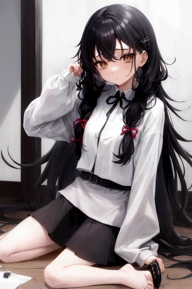 obramaestra, high quality, 1 girl, long black hair, tied, with clips in hair, moron, highly strung, shy, baggy clothes, grey eyes, in a battle, using a knife shaking with fear.