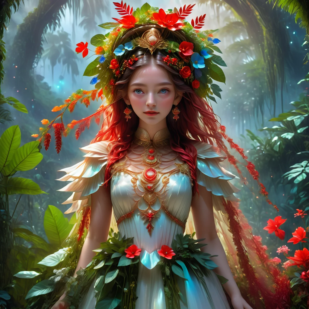 middle,rainbow color theme,(a girl made of red plants,God of spring,covered in beautiful plants,A wreath of flowers is worn on her head,Corolla,Beautiful wedding dress made from plants,photo by full body,from head to toe,Get up,beautiful glass shoes,Become one with the jungle trees), (best qualityer,high détail,Masterpiece artwork,cinematic lighting effects,4K,Bright dark), (Facial features of a beautiful girl,Anatomically correct and accurate facial structure, Detailed face Portrait, and exquisite facial features)