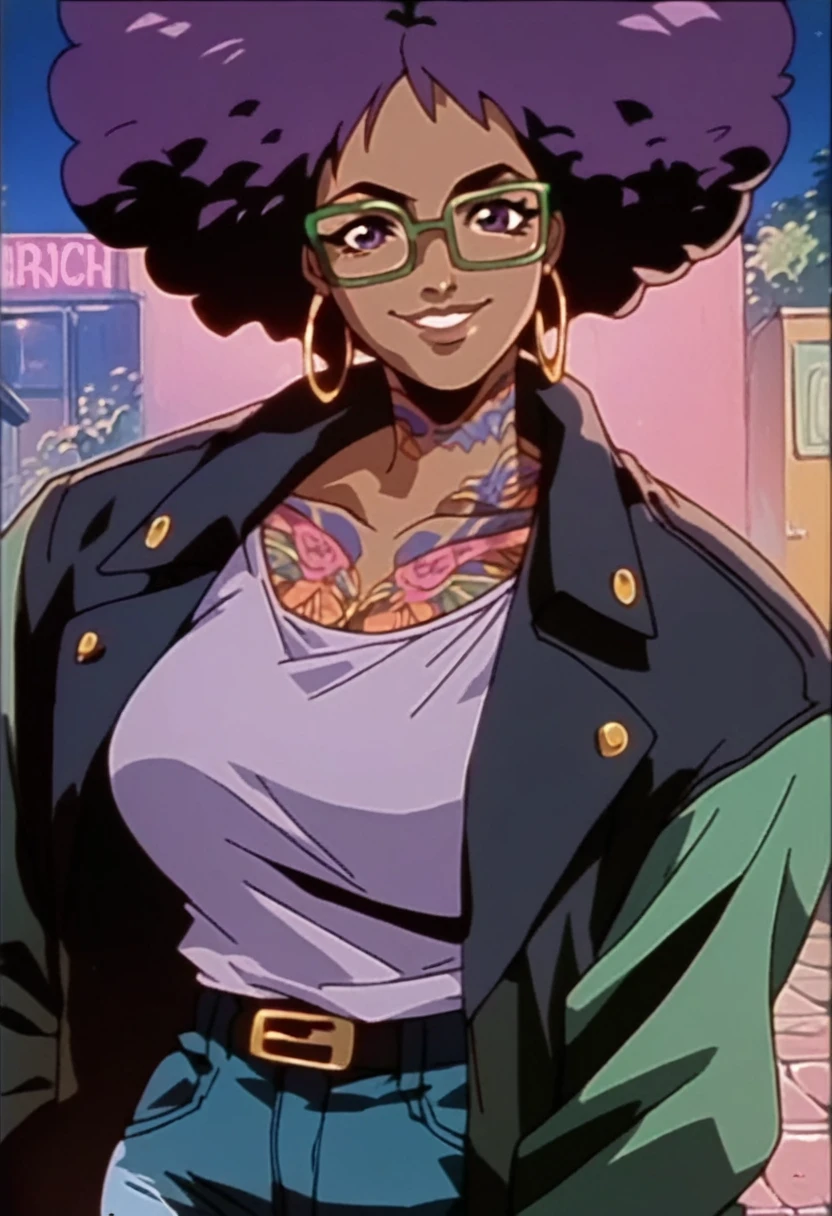 beautyful brown woman, brown skin, black skin, huge full afro purple hair, black lipistick, full lips, purple shirt, purple eyes, black motorcyclist jacket, hoop earring, green glasses, dragon tattoo, night, smile, encorped body
