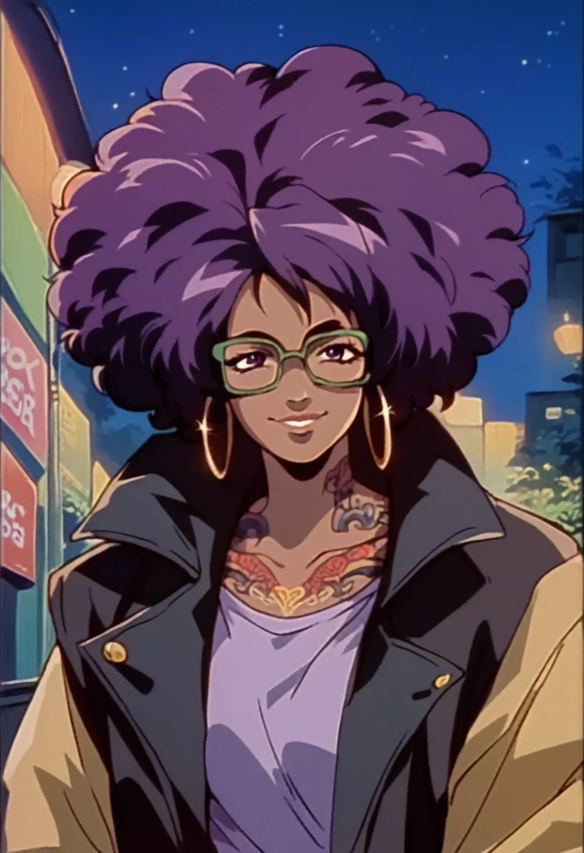 beautyful brown woman, brown skin, black skin, huge full afro purple hair, black lipistick, full lips, purple shirt, purple eyes, black motorcyclist jacket, hoop earring, green glasses, dragon tattoo, night, smile, encorped body