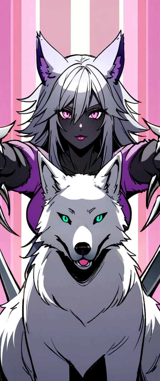 female body wolf, purple fur, long silver claws, arms outstretched, howl humain face, black skin, pink eyes, pink lips, prominent silver canine