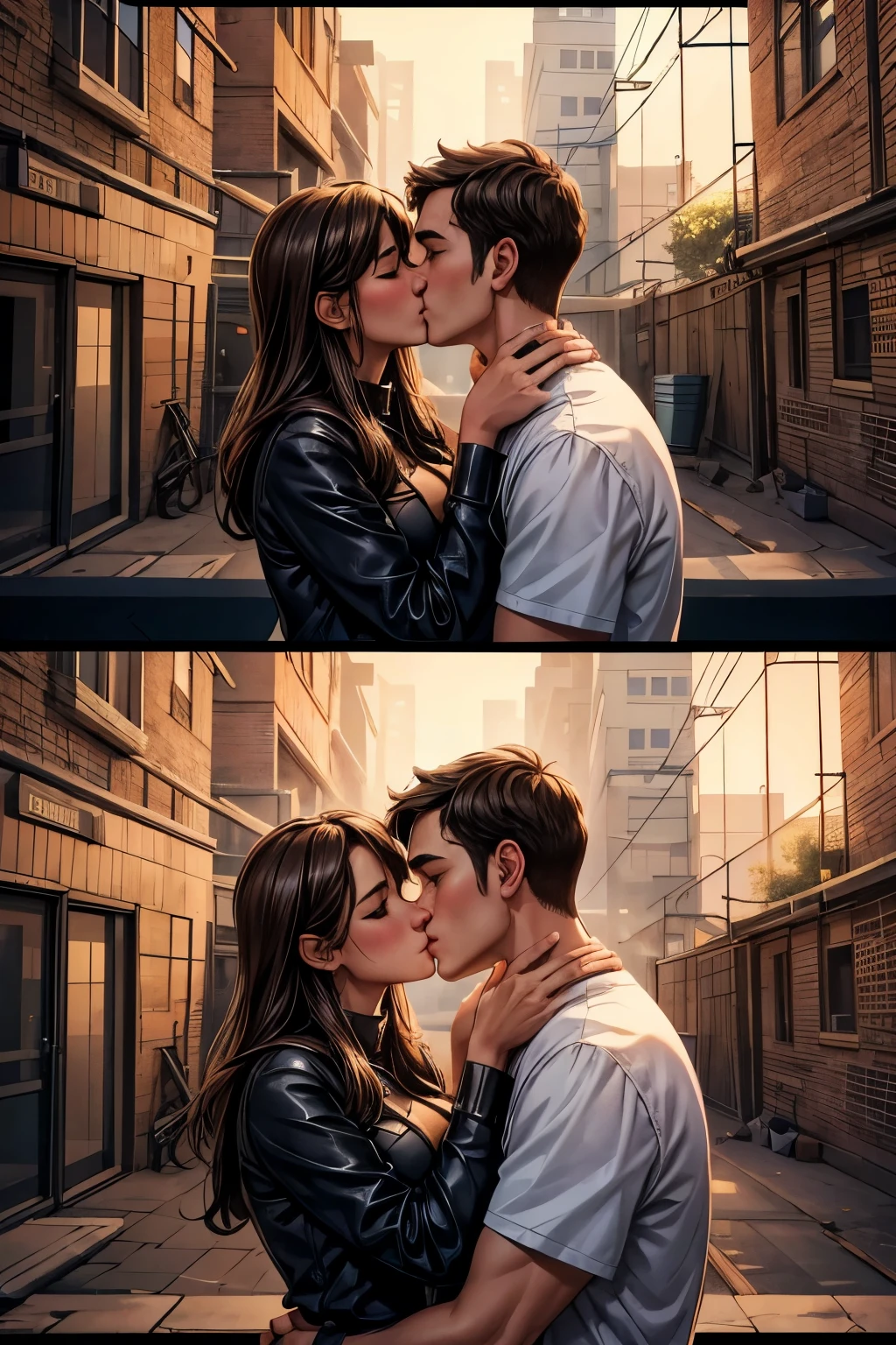 An illustration of a couple in their mid-30s sharing a secret kiss. They are hidden within a construction site, surrounded by elements such as partially built brick walls, scaffolding, and various construction tools. The focus should be on their faces and hands, capturing their expressions of love and intimacy with detailed and realistic features. Their faces should be close, eyes gently closed, and their mouths perfectly depicted in a tender kiss. Additionally, their hands should be delicately and realistically drawn, with one of them gently holding the other’s face or neck, emphasizing their deep connection. The drawing style should be detailed and realistic, with soft and warm colors to enhance the romantic atmosphere of the scene.