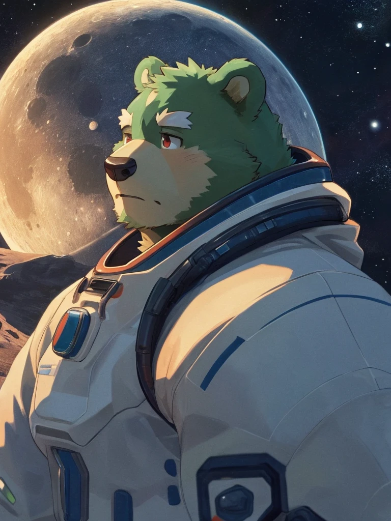 anthro, kemono, male, solo, (((green bear))), (((green fur))), green hair, red eyes, beard, white eyebrows, (masterpiece, best quality), furry male,1boy, spacesuit, astronaut, lunar, moon, earth, gazing at earth, , solemn, melancholic, homesick, furry, anthro, muscular, buff, hunky, alone, barren landscape, distant planet, isolation, longing, pining, reflective, wistful, staring wistfully at the blue planet