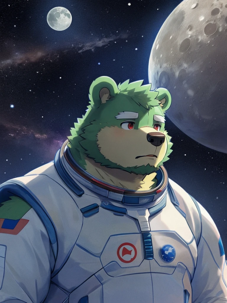 anthro, kemono, male, solo, (((green bear))), (((green fur))), green hair, red eyes, beard, white eyebrows, (masterpiece, best quality), furry male,1boy, spacesuit, astronaut, lunar, moon, earth, gazing at earth, , solemn, melancholic, homesick, furry, anthro, muscular, buff, hunky, alone, barren landscape, distant planet, isolation, longing, pining, reflective, wistful, staring wistfully at the blue planet