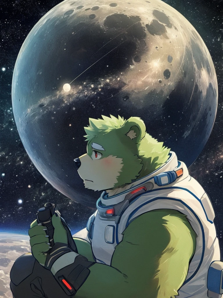 anthro, kemono, male, solo, (((green bear))), (((green fur))), green hair, red eyes, beard, white eyebrows, (masterpiece, best quality), furry male,1boy, spacesuit, astronaut, lunar, moon, earth, gazing at earth, , solemn, melancholic, homesick, furry, anthro, muscular, buff, hunky, alone, barren landscape, distant planet, isolation, longing, pining, reflective, wistful, staring wistfully at the blue planet