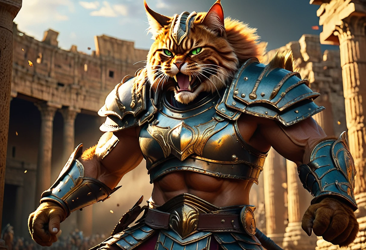 Ancient coliseum, armored cat beastman, photorealistic, cinematic, fierce expression, muscular build, detailed armor, epic battle scene, dramatic lighting, dynamic pose, high detail, realistic, vivid colors, historical fantasy