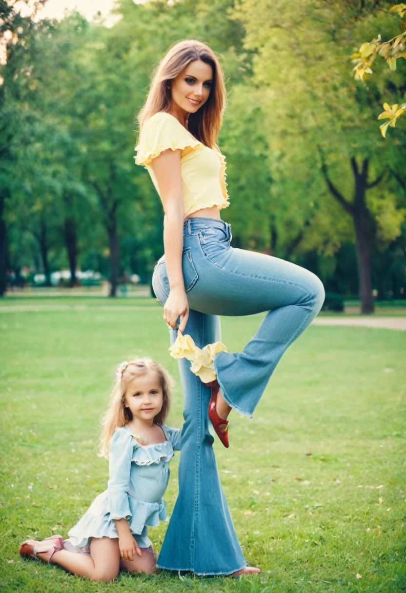 young mother with daughter in jeans with flounce in park, sexy pose, deep focus, vintage film grain, color correction retro style, soft lighting,