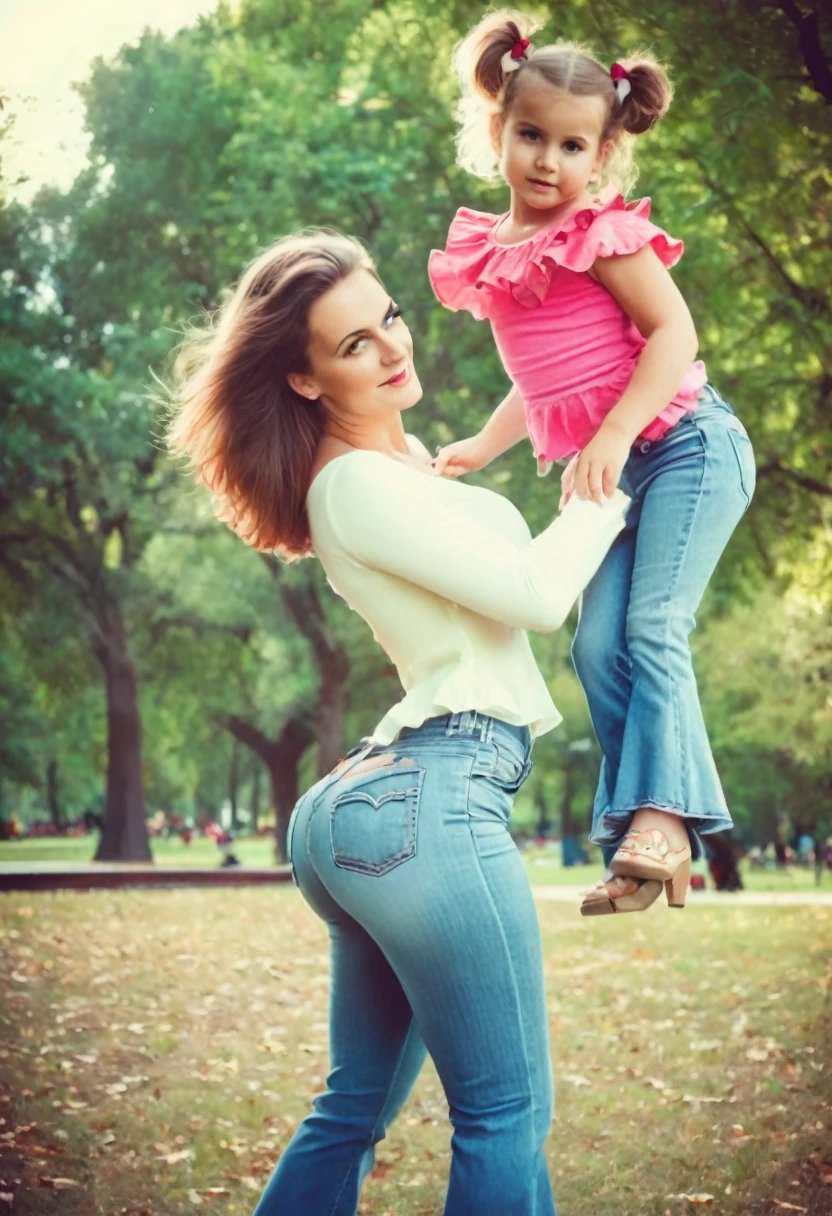 young mother with daughter in jeans with flounce in park, sexy pose, deep focus, vintage film grain, color correction retro style, soft lighting,