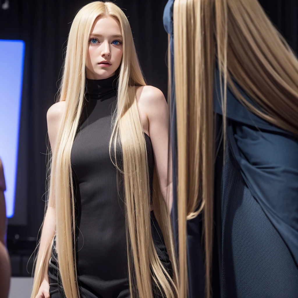 humanoid female, long blonde hair blue eyes 6 foot seven inch, 38 24 36