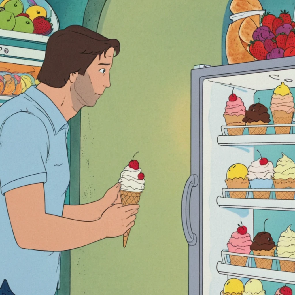 the guy looks at the refrigerator in surprise the guy stands with the refrigerator the refrigerator hands him ice cream