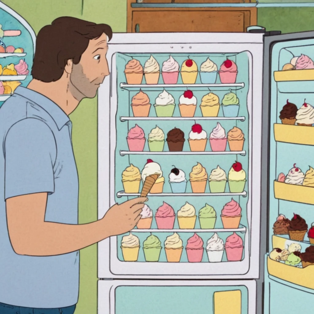 the guy looks at the refrigerator in surprise the guy stands with the refrigerator the refrigerator hands him ice cream