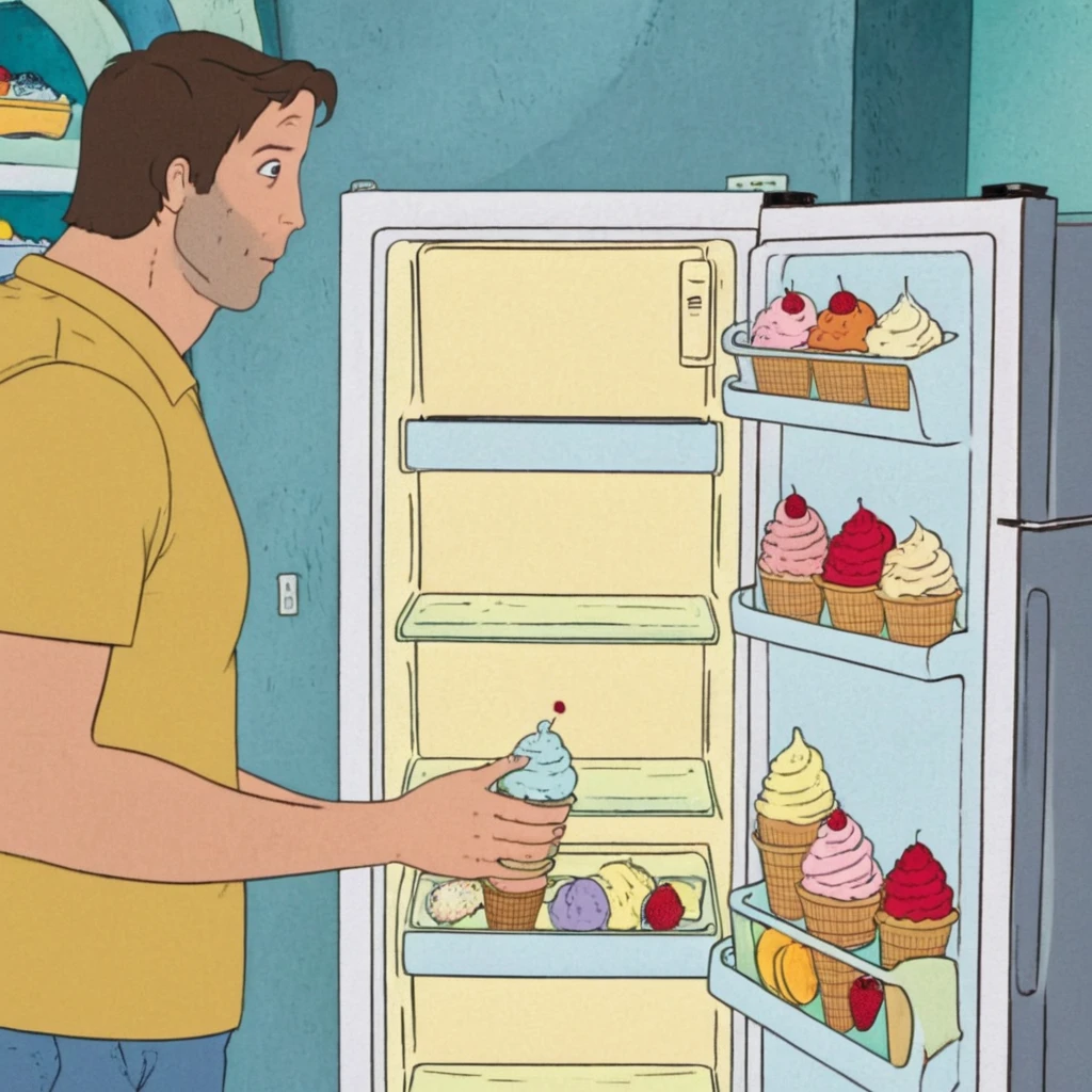the guy looks at the refrigerator in surprise the guy stands with the refrigerator the refrigerator hands him ice cream