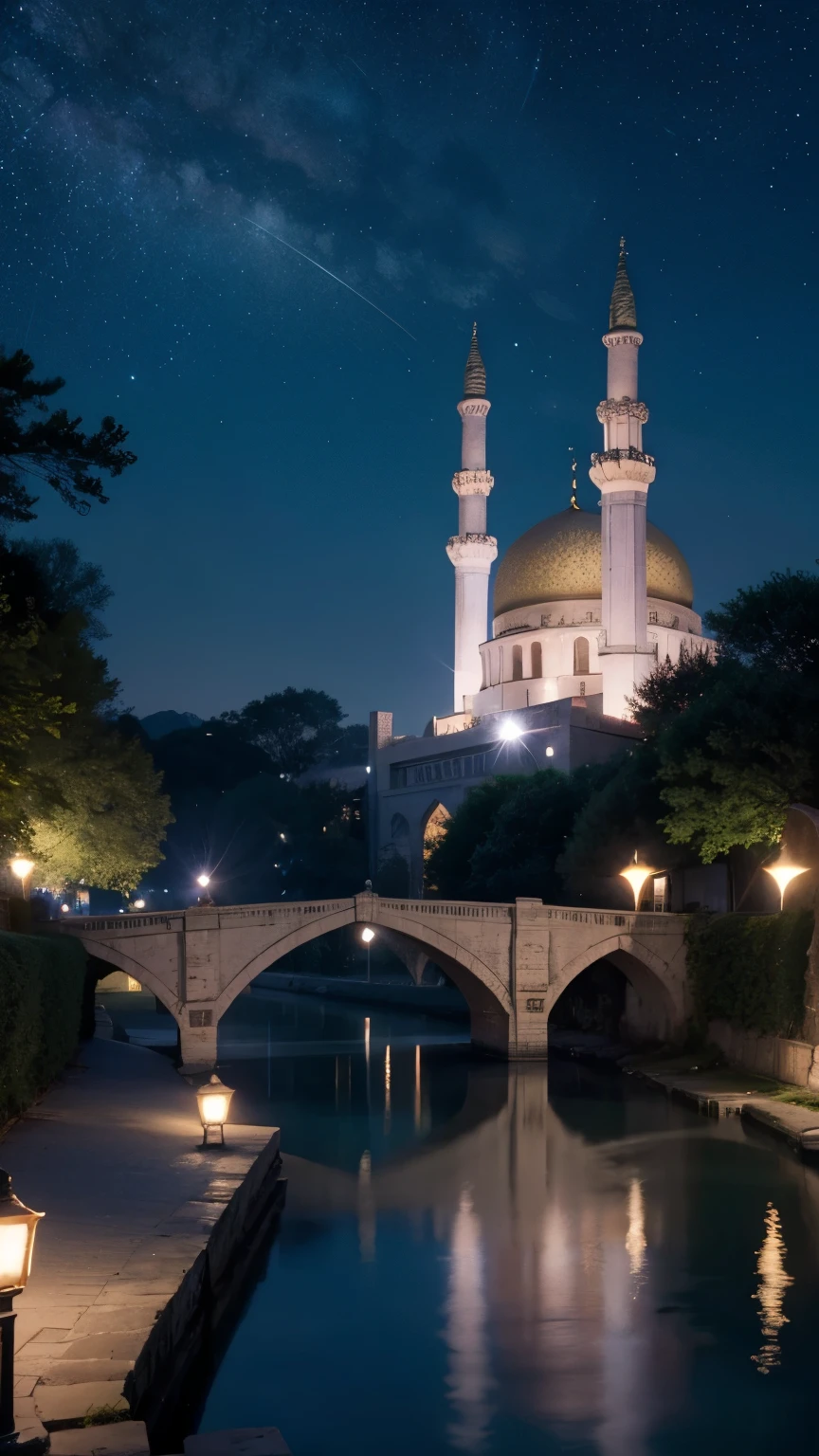 mosque, beautiful, exterior, trees, sexy girl, river, night, (((stars in sky)))