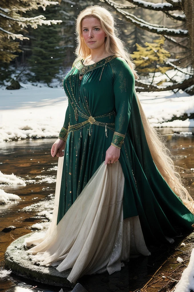 portrait painting of 1girl, 45 years old Woman, thick figure, heavy physique, Full figured woman, galadriel, elf, blonde hair, blue eyes, green dress,detailed skin, fantasy, snowy nordic forest, modelshoot style, (extremely detailed CG), photo of beautiful artwork, (Antonio Moro), (Jeremy Mann), High Detail, Sharp focus, dramatic, oil painting, realistic  