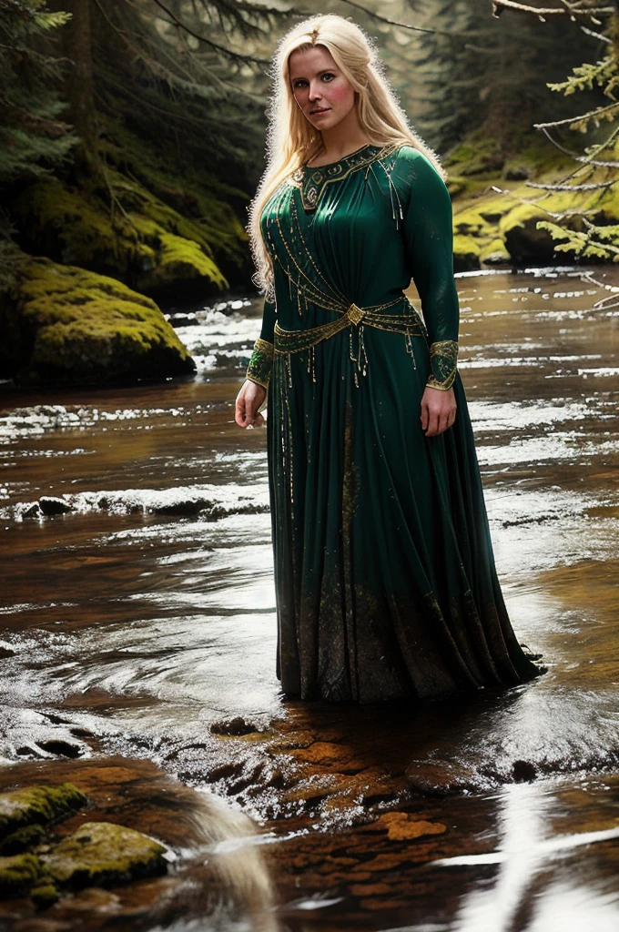 portrait painting of 1girl, 45 years old Woman, thick figure, heavy physique, Full figured woman, galadriel, elf, blonde hair, blue eyes, green dress,detailed skin, fantasy, snowy nordic forest, modelshoot style, (extremely detailed CG), photo of beautiful artwork, (Antonio Moro), (Jeremy Mann), High Detail, Sharp focus, dramatic, oil painting, realistic  