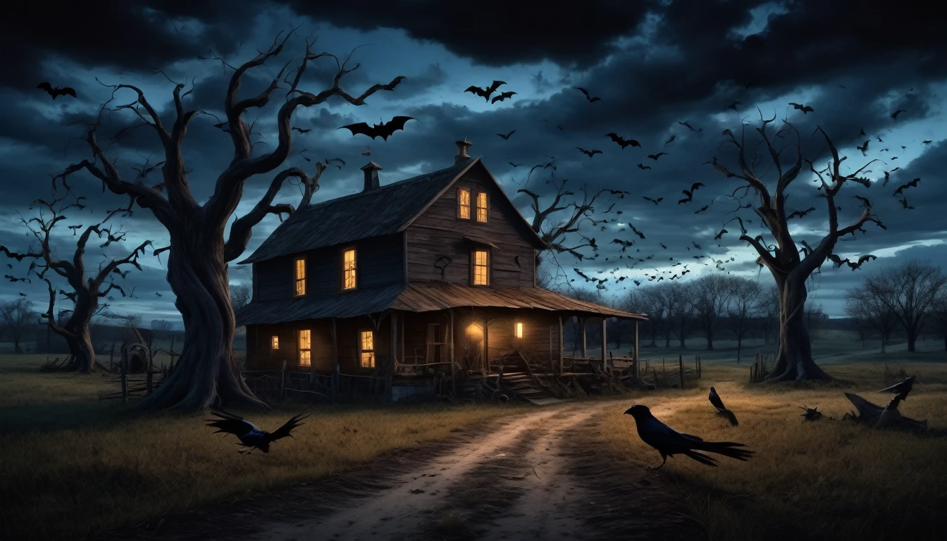 A mystery, Surreal farm at dusk with exaggerated shadows and bats , crow and twisted trees that cause a lot of fear . Hyperrealistic photo, dark colors , 16k