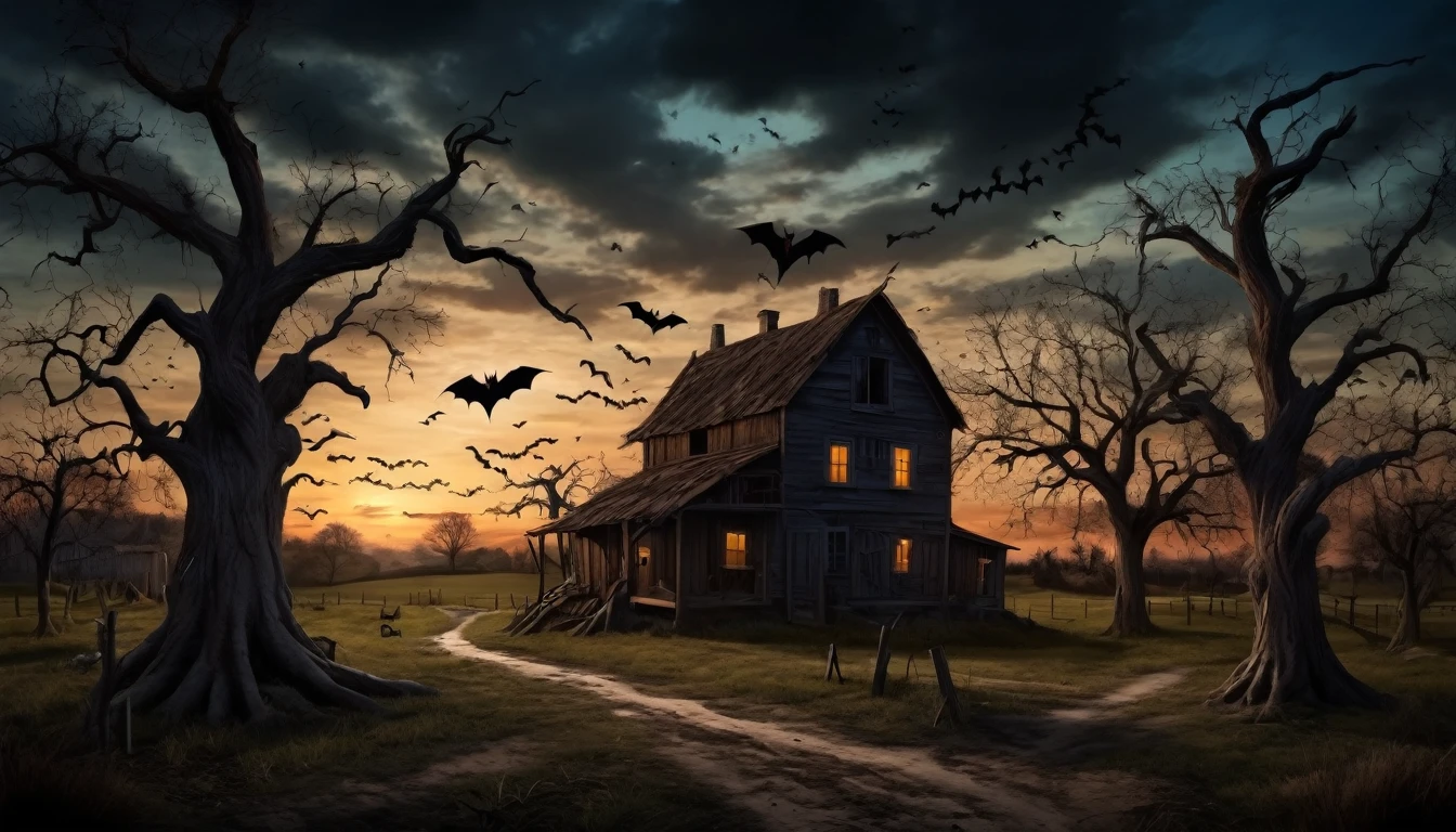 A mystery, Surreal farm at dusk with exaggerated shadows and bats , crow and twisted trees that cause a lot of fear . Hyperrealistic photo, dark colors , 16k
