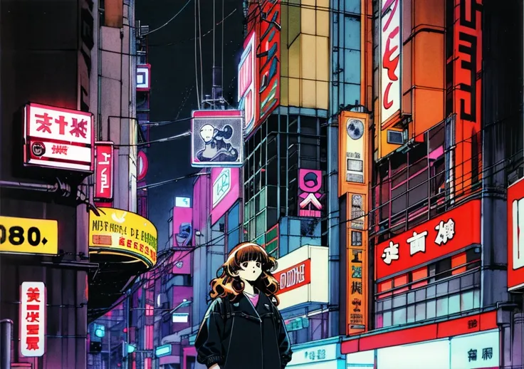 taiga aisaka standing on the street in tokyo, (night), winter, (neon lights), vhs, vintage, manga style, snow, black background,...