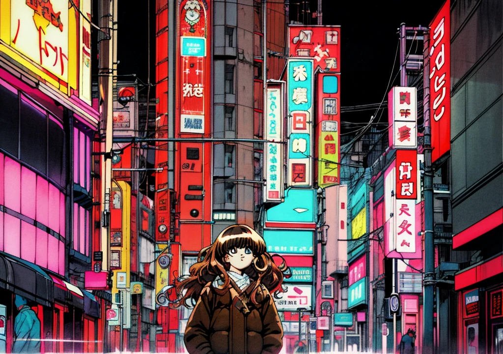 Taiga Aisaka standing on the street in Tokyo, (night), winter, (neon lights), VHS, vintage, manga style, snow, black background, (bangs), wavy hair, glitch art, light brown hair, 90's