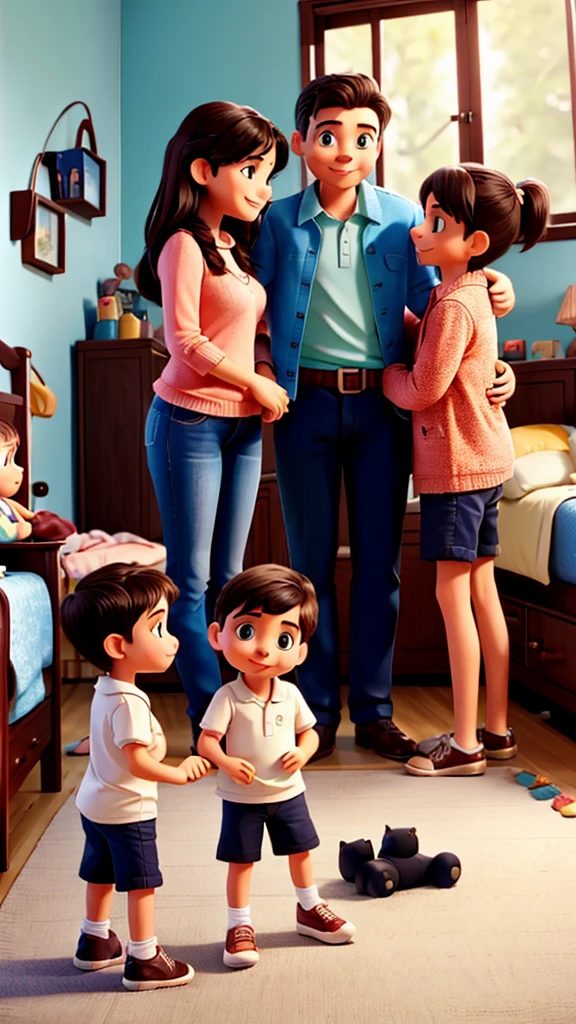 Happy family with mommy, daddy, and 2 cute kids (boys) hugging each other inside the bedroom