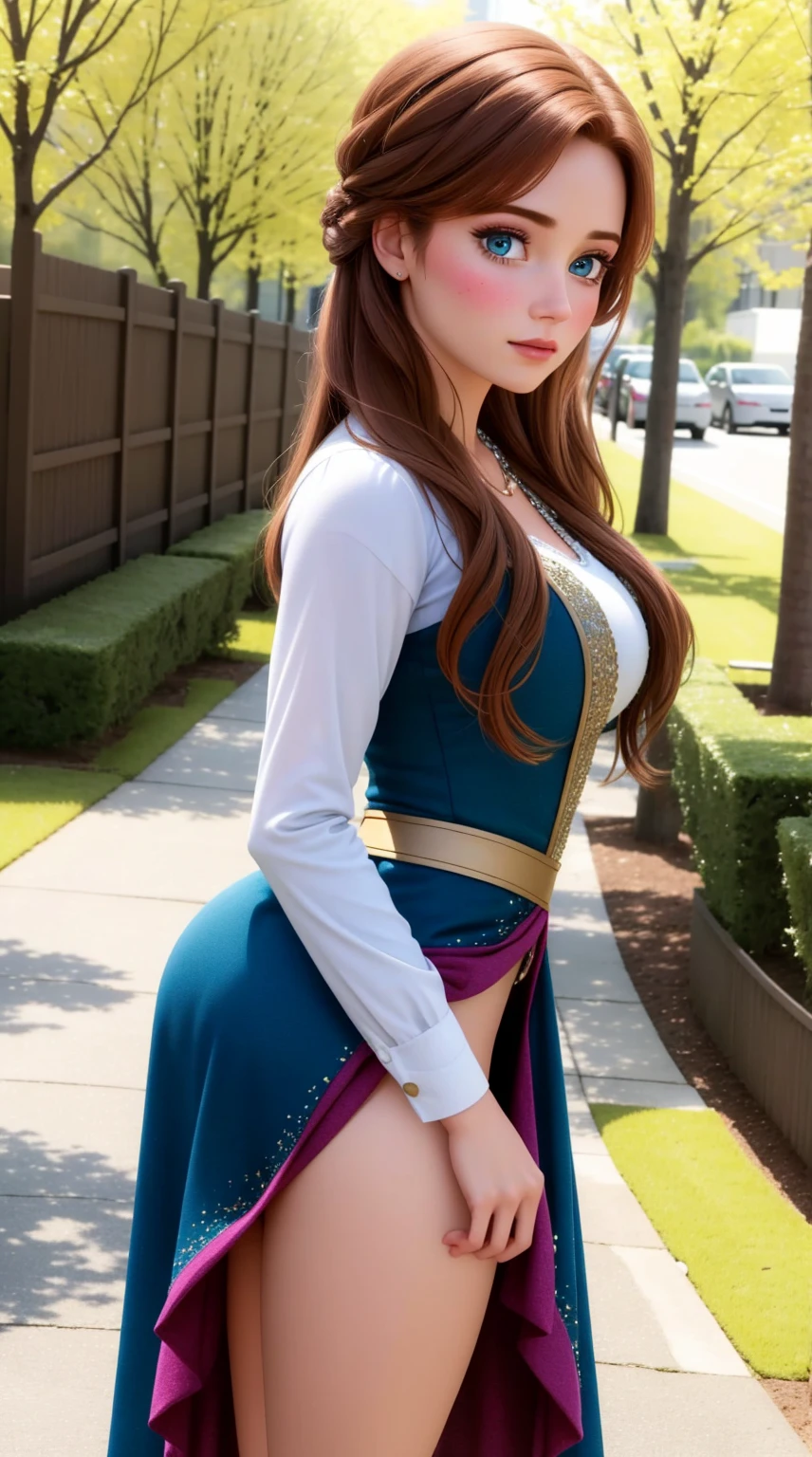 female, ((masterpiece, best quality)), detailed skin, very detailed, movie lights, extremely realistic, blush, looking at viewer, Anna, Anna from frozen, princess, Disney, brown hair, long hair, portrait, outdoor, eye, split, big bust, wide hips, full body view, tall,
skirt, miniskirt, microskirt, pleated skirt, thighs,