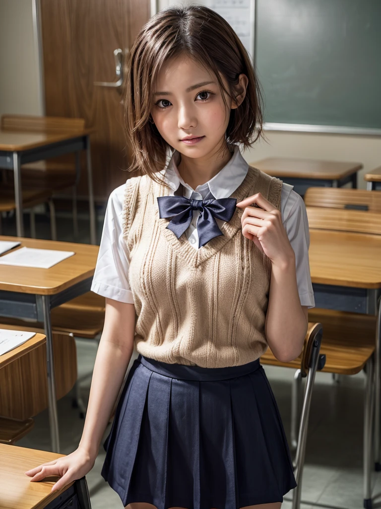 Masterpiece, Top Quality, Top Mikoto, brown eyes, short hair, small breasts, looking at viewer, alone, closed mouth, collared shirt, beige knit vest, dark blue  Skirt, school_uniform, shirt, white_shirt, classroom,Masterpiece, highest quality, 8K, detailed skin texture, fine cloth texture, beautiful detailed face, intricate details, super detailed,cute,cute posing,composition that shows the whole body,