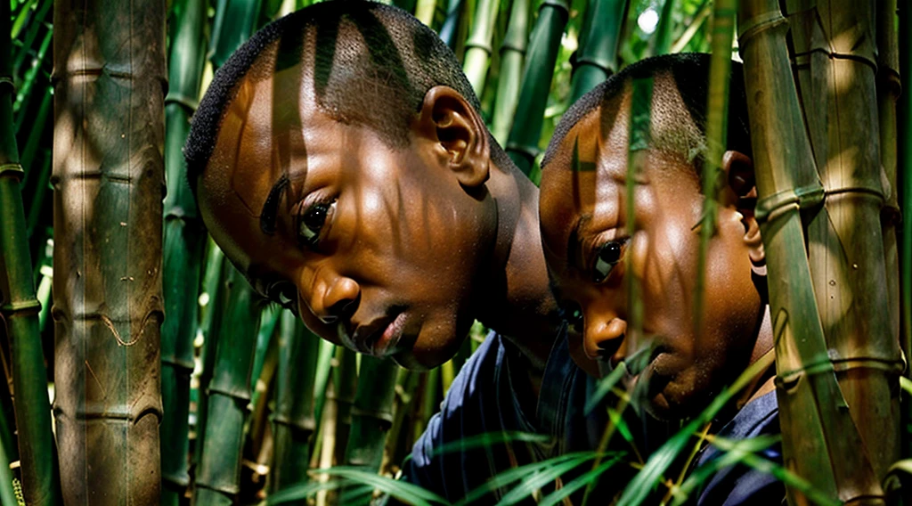 Image Black boy, hidden among the bamboo grove, wakes up scared with, looking through the cracks in the bamboo grove, image of the boy's eyes looking curiously between the bamboo grove, wakes up early in the morning