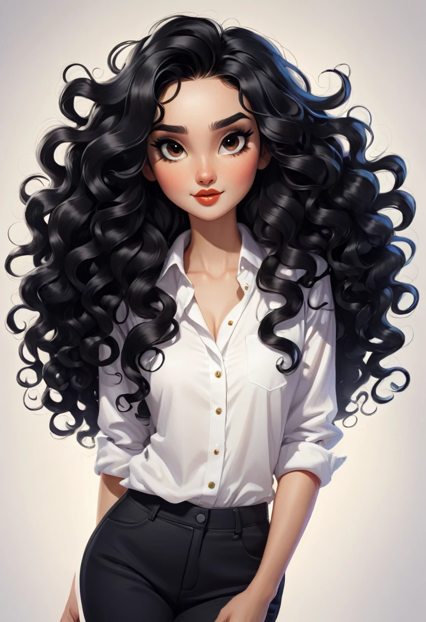 there is a woman with long black hair and a white shirt, cartoon artwork, cartoon artwork style, her black hair is long and curly, long curly black hair, cartoon style illustration, trends in art, curly black hair, long curly black hair, no art style by bowater, curly black hair, long curly black hair, long dark curly hair