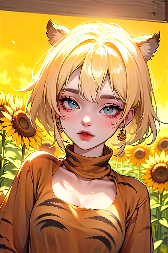 (High quality) (best quality) (A woman) (correct physiognomy) (perfect pupils) (perfect eyes) woman, deep blonde hair, long and fluffy, two tiger cat ears coming out of her head, eyes with heterochromia a light red eye and one eye with white color, sensitive lips, feminine appearance, soft facial features, thin eyebrows, soft skin, rosy cheeks, rosy lips, silky eyelashes, dreamy expression, middle age, youthful clothing, sweatshirt with print tiger, photo illuminated by sunlight, woman in a field of sunflowers