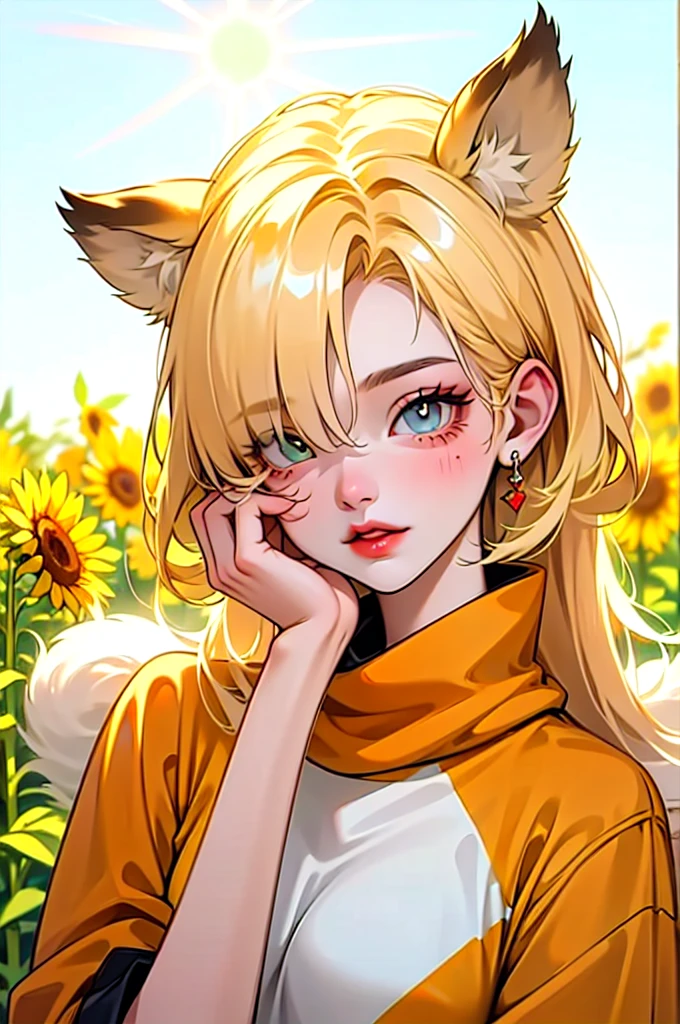(High quality) (best quality) (A woman) (correct physiognomy) (perfect pupils) (perfect eyes) woman, deep blonde hair, long and fluffy, two tiger cat ears coming out of her head, eyes with heterochromia a light red eye and one eye with white color, sensitive lips, feminine appearance, soft facial features, thin eyebrows, soft skin, rosy cheeks, rosy lips, silky eyelashes, dreamy expression, middle age, youthful clothing, sweatshirt with print tiger, photo illuminated by sunlight, woman in a field of sunflowers