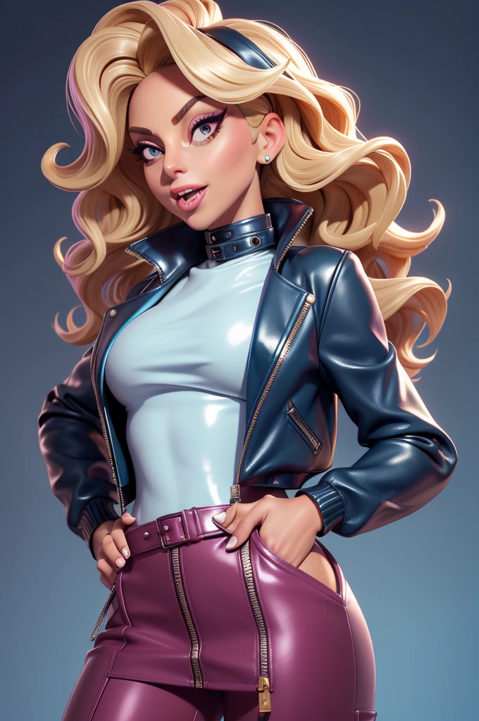 obra prima, melhor qualidade, ((only one woman,)) ((lady gaga, tan skin, wavy bob hair, open mouth,)) head back, (sassy wicked sultry sneer, big teeth smile,) open mouth, pucker mouth, sunglasses, thick smoky black eye shadow, long fake eyelashes, sticking tongue out, ((magenta leather jacket with  shoulder,)) biker jacket has stiff collar, leather blouse, ((gold silver leather sweater dress, metallic leather sun dress, leather culo,)) periwinkle blazer length leather coat, ((cerulean blue pvc skirt, pockets, zipper side,)) studs zippers snaps, shiny leather gloves, nip slip, body is skinny, shiny tight buttocks back, camera view of whole body, looking up at me, shallow depth of field, highres, HD, 8k, anatomically correct
