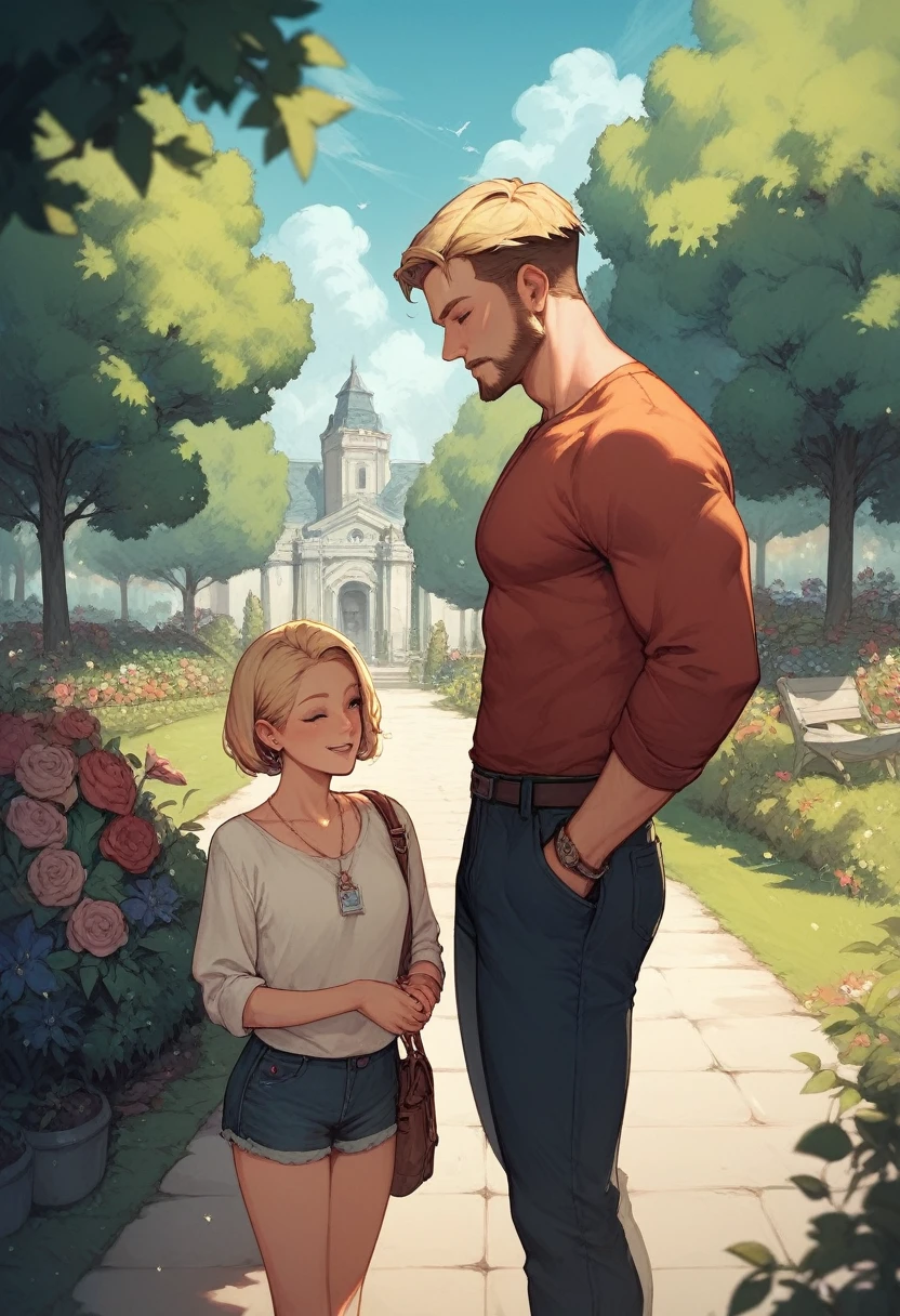 Boy with short dark hair and beard with a girl with long blonde hair in a park with flowers