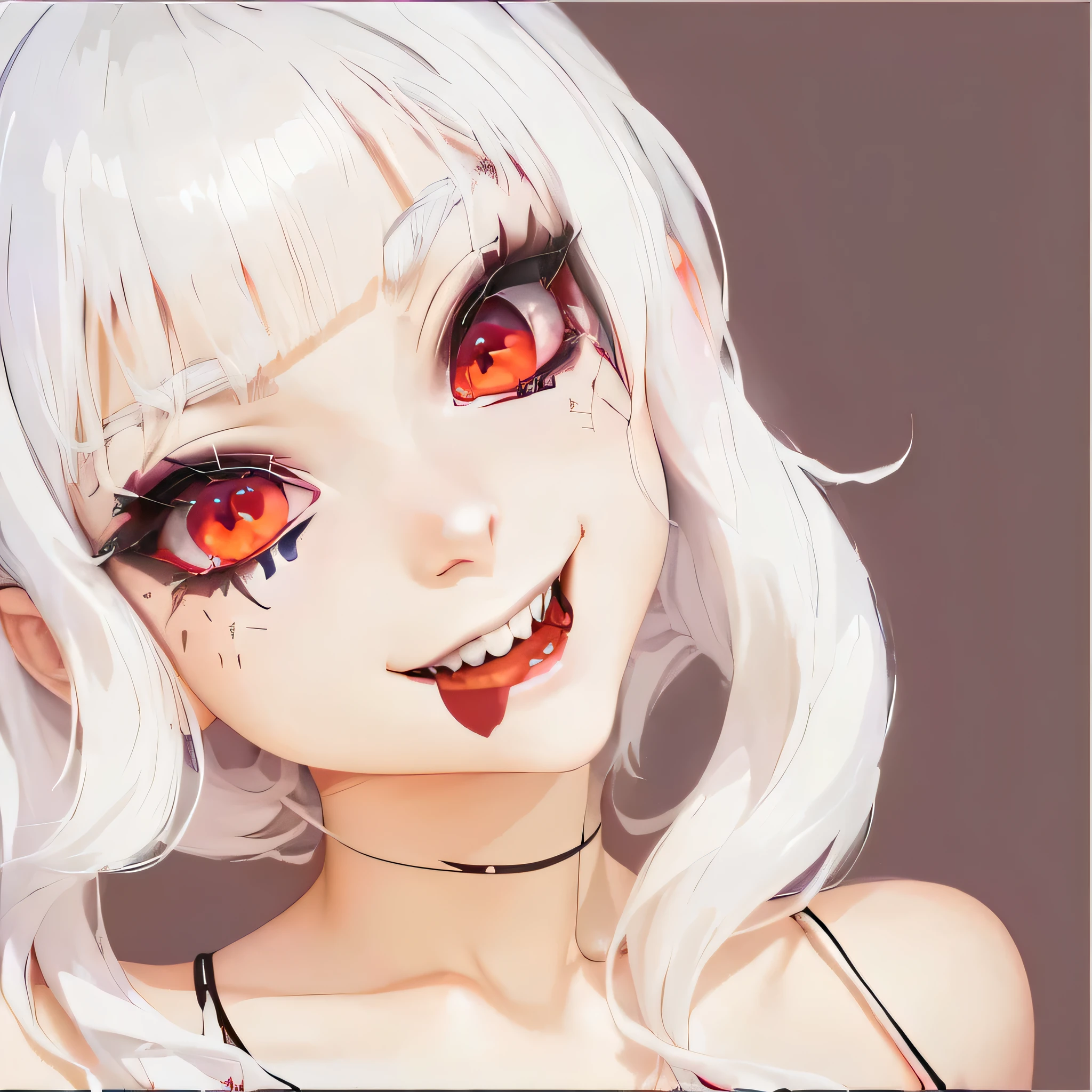 Anime girl with white hair and black eyes with a smile., [[[[smiling evilly]]]], vampire girl, demon anime girl, anime style flat shading, with glowing red eyes, anime style portrait, digital anime illustration, anime monster girl, anime style character, Cara de ahegao, anime art style, cartoon style illustration, demon girl portrait
