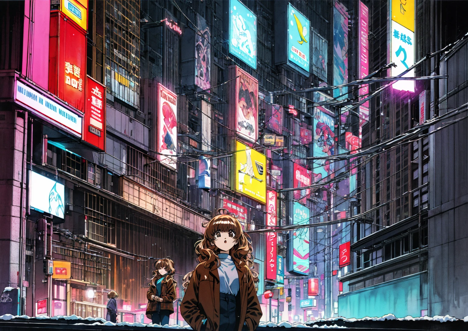 Taiga Aisaka standing on the street in Tokyo, (night), winter, (neon lights), VHS, vintage, manga style, snow, black background, (bangs), wavy hair, glitch art, light brown hair, 90's