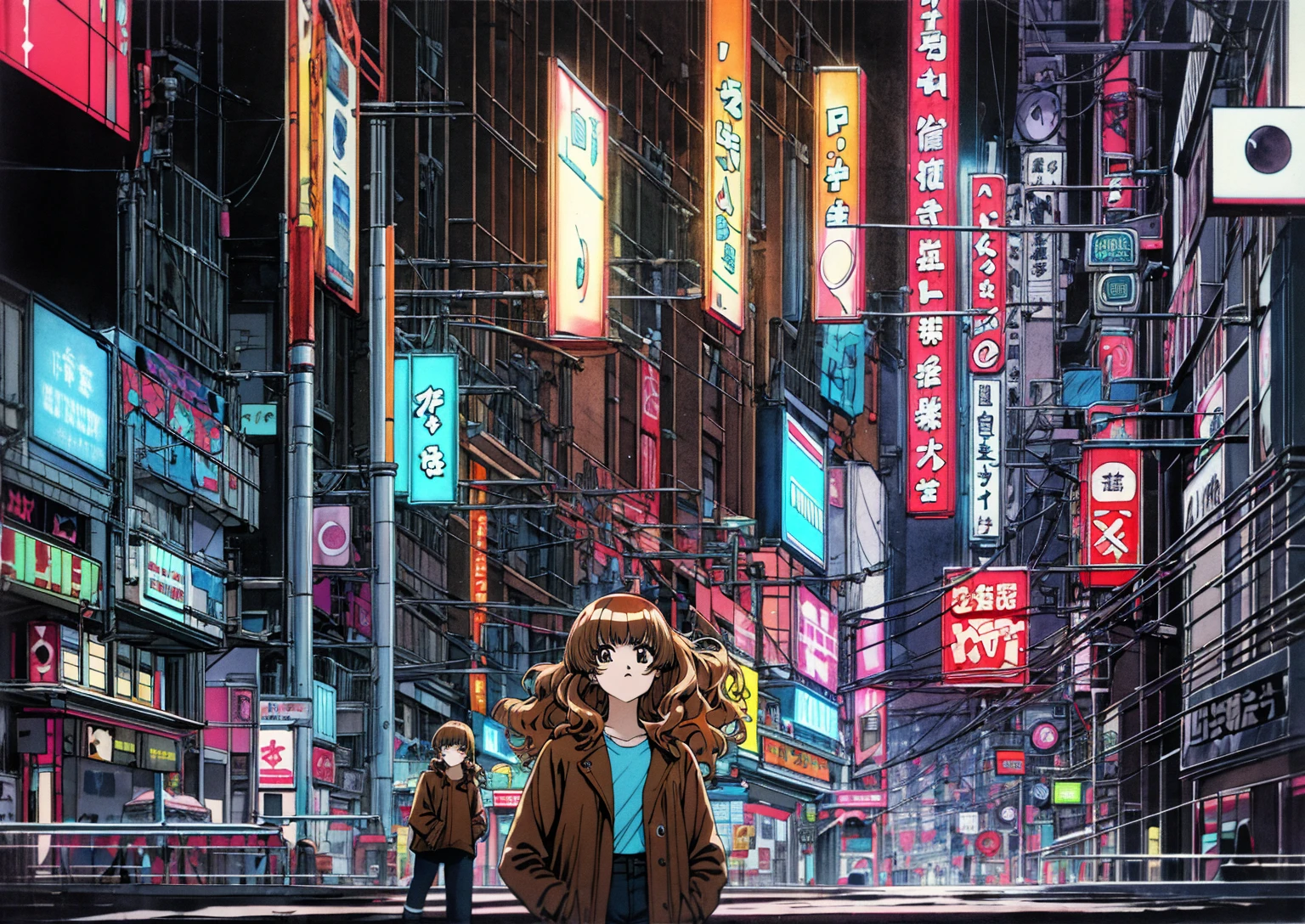 Taiga Aisaka standing on the street in Tokyo, (night), winter, (neon lights), VHS, vintage, manga style, snow, black background, (bangs), wavy hair, glitch art, light brown hair, 90's