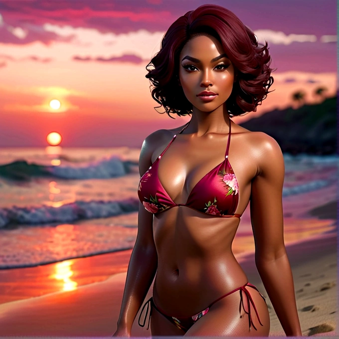 sensual african american woman with asian features, dark skin and nice face, short elegantly styled dark reddish brown hair and light brown eyes. she wears a wine red bikini, black floral designs on top. full realistic 3D model. she is on a beautiful beach at night