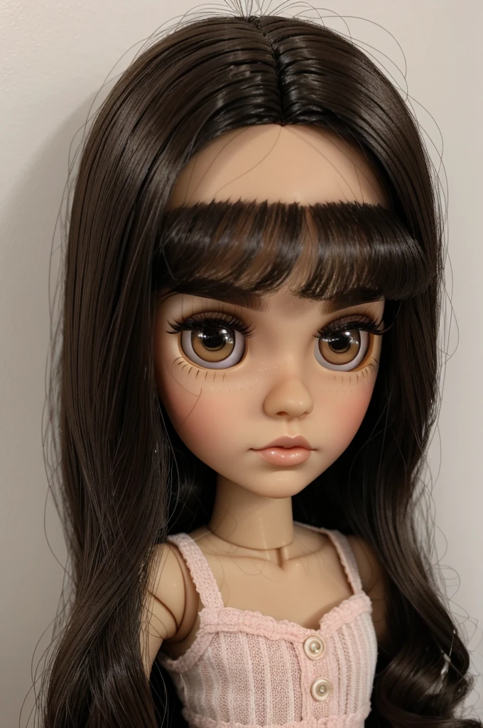 Blythe Doll medium size hair dark brown eyes and dark brown hair and big eyebrows and big lashes 
