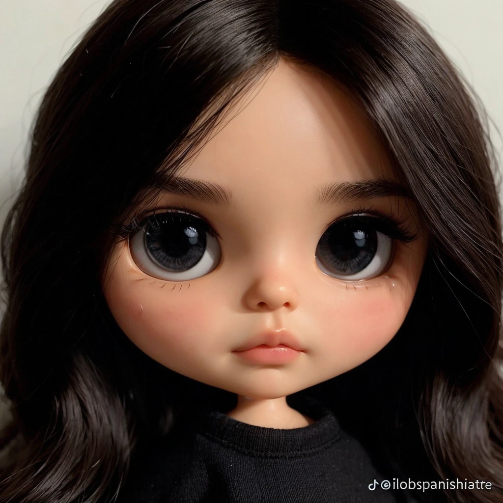 blythe doll long dark hair without bangs, thick eyebrows and piercing in the right eyebrow
